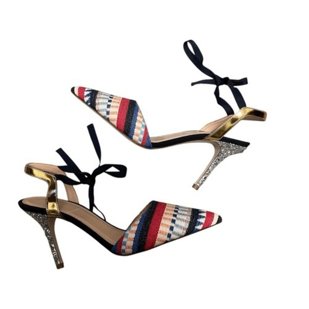 J.Crew Colette Multi Woven Fabric Glitter Heel Ribbon Tie Pumps Gold Italy 6.5